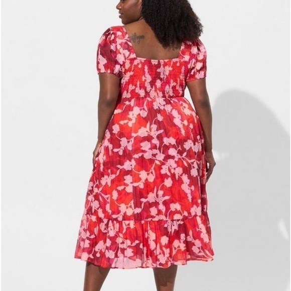 TORRID red floral Midi Cotton Clip Dot Lace Up Smocked Dress - Picture 2 of 7